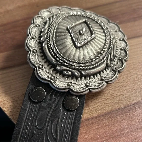 Ralph Lauren Black Tooled Leather Concho Belt
